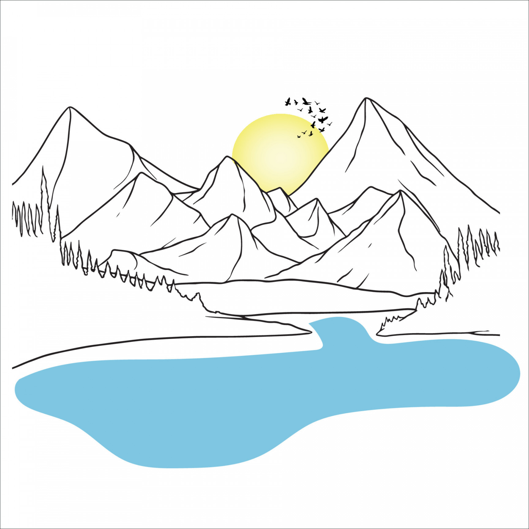 Mountain Line Art, Minimalist Landscape Drawing, Lake Outline