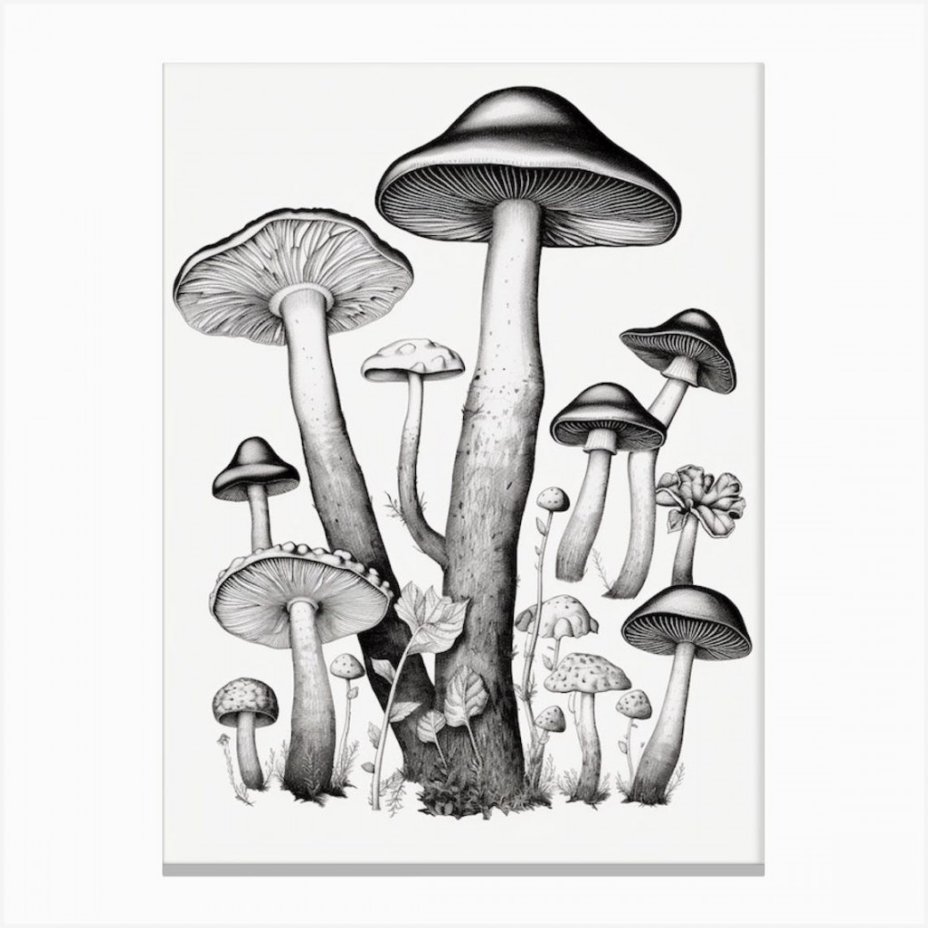 Mushroom Drawing B&W  Canvas Print