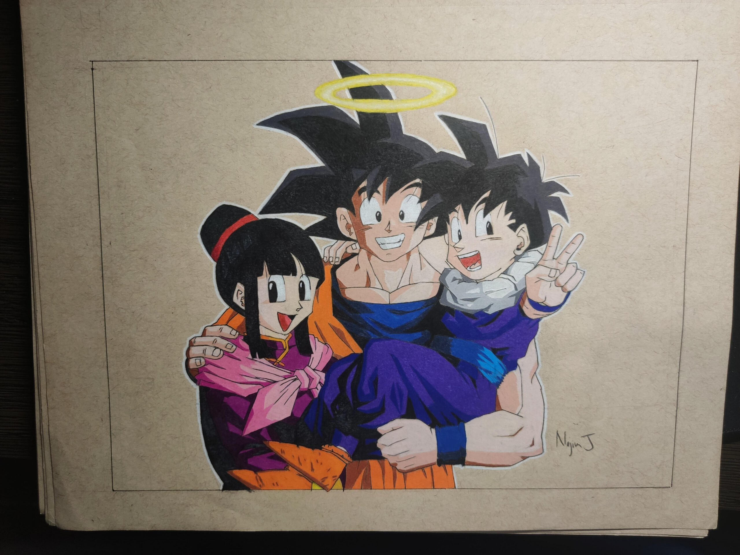 My drawing of Goku Chichi and Gohan prismacolor pencils on