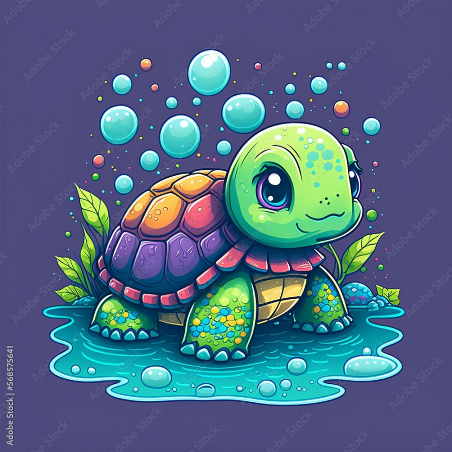 on a blue background turtle under water cartoon stylization