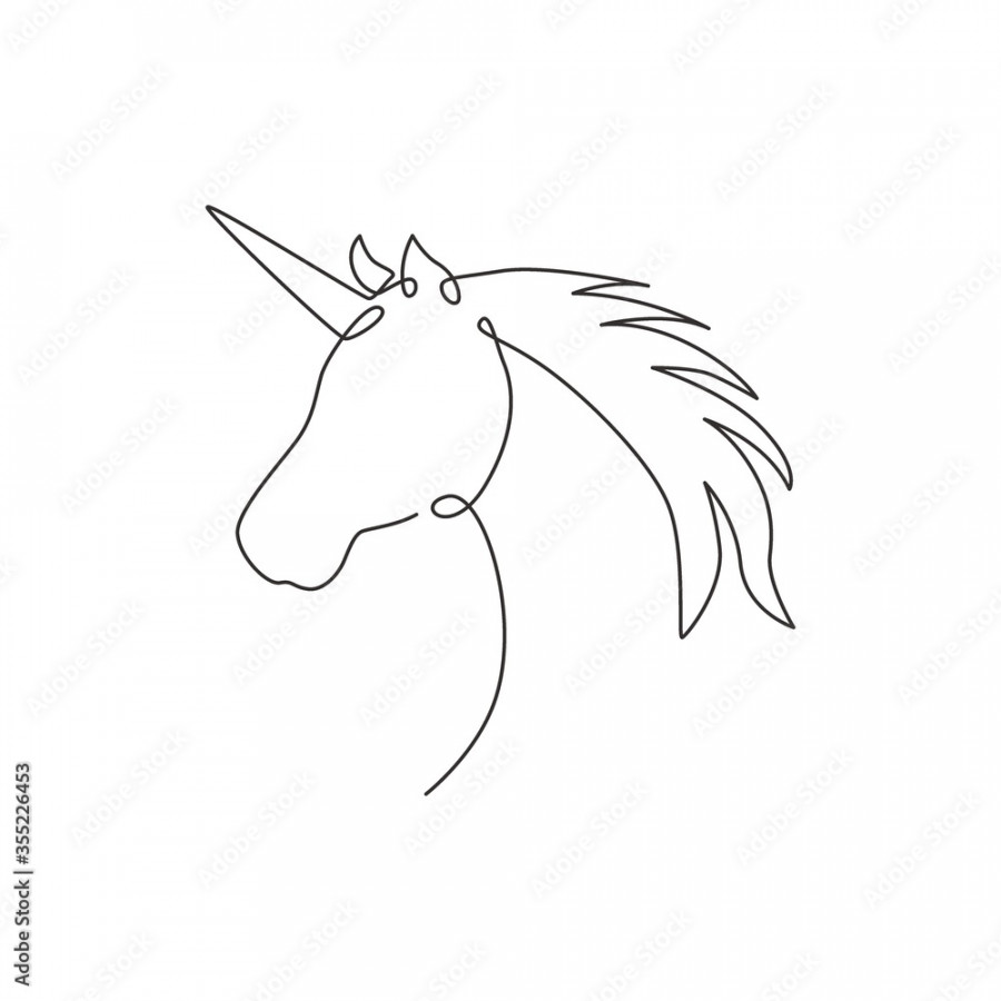 One continuous line drawing of beautiful cute unicorn head for