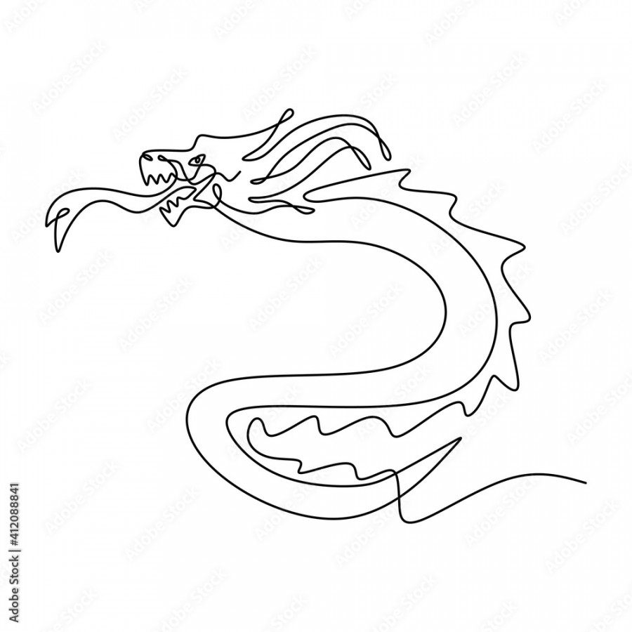 One continuous line drawing of flying dragon, a fictional monster