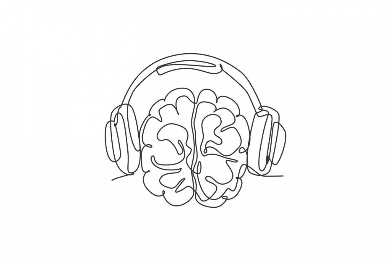 One continuous line drawing of human brain listening to music