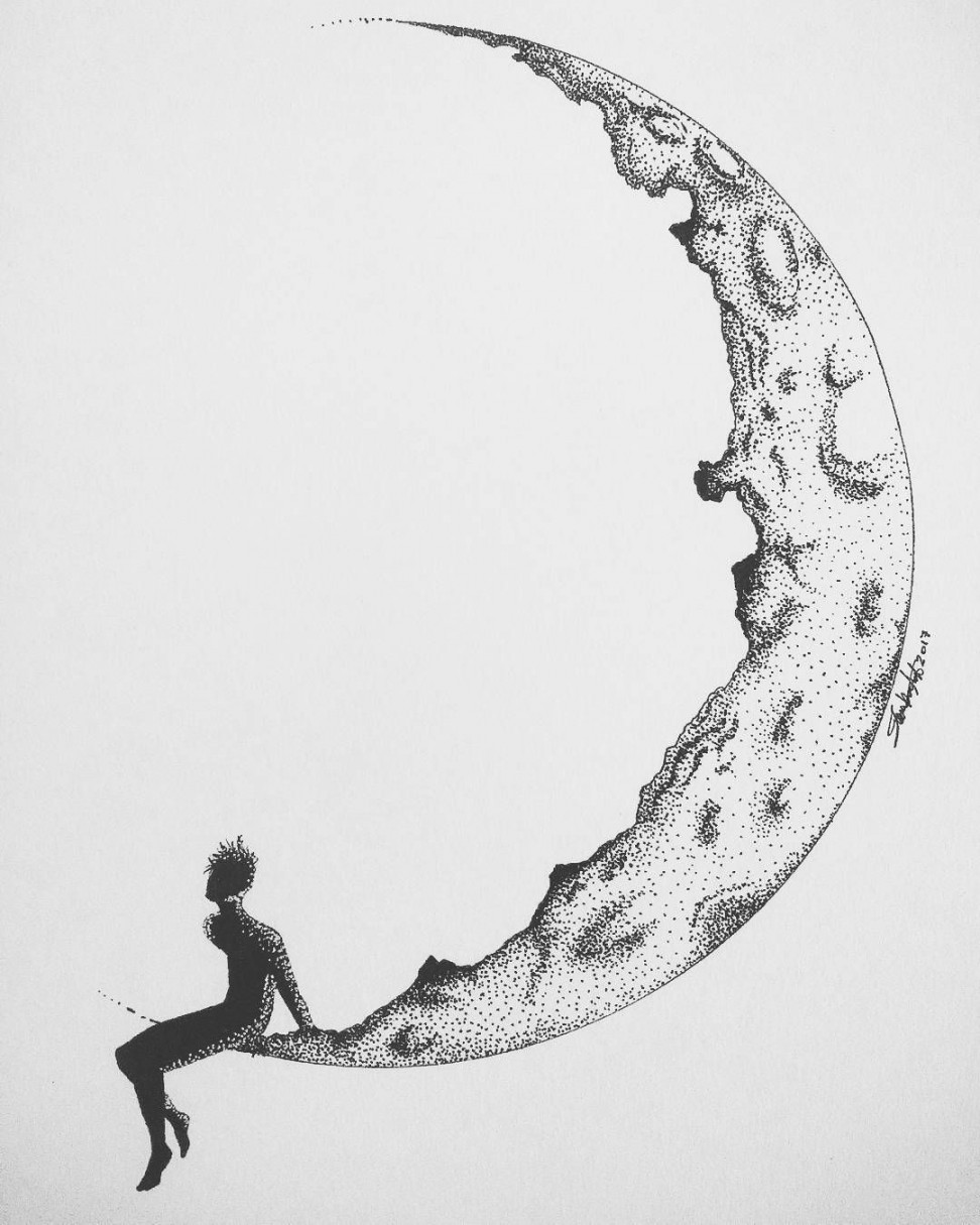 Original blackwork illustration of the moon using nanquim pen