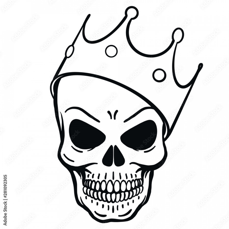 outline drawing of a wicked skull with a crown on its head