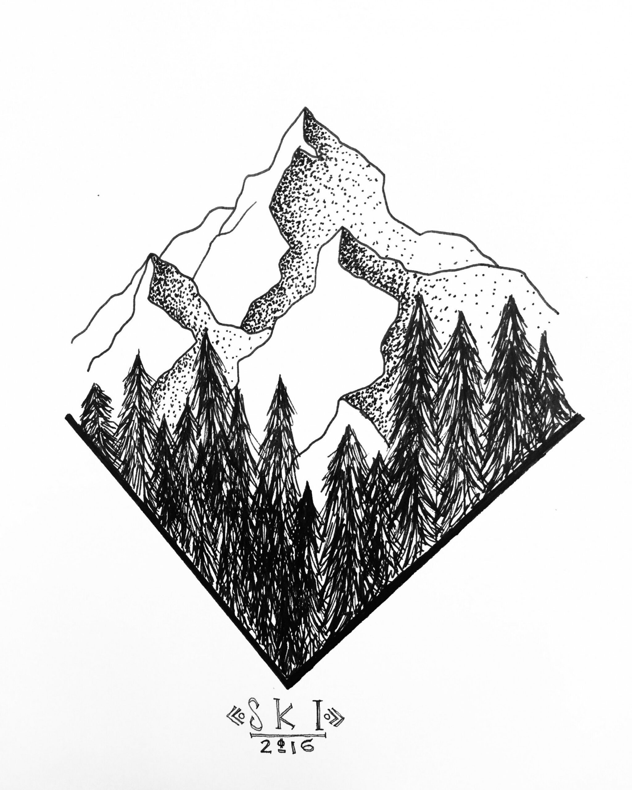 Pen drawing of mountain range with forest  Mountain drawing, Pen