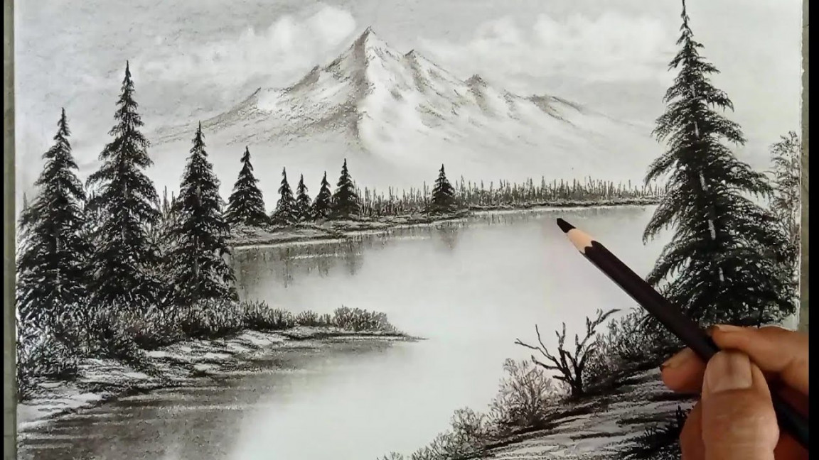 Pencil drawing landscape scenery/ Snow mountain landscape drawing with  pencil/