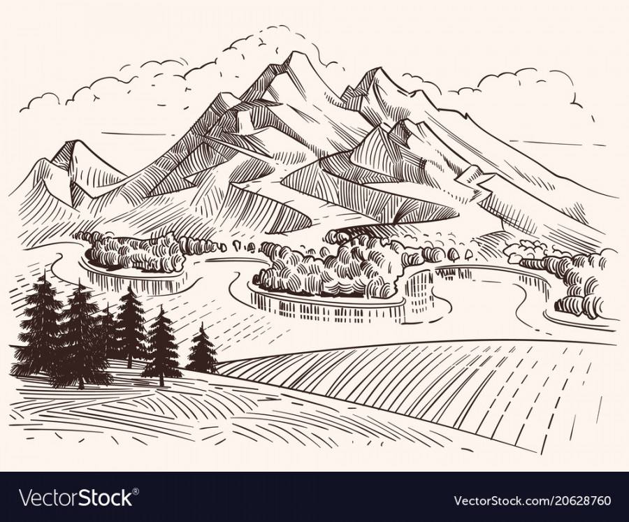 Pencil drawing mountain landscape cartoon sketch Vector Image