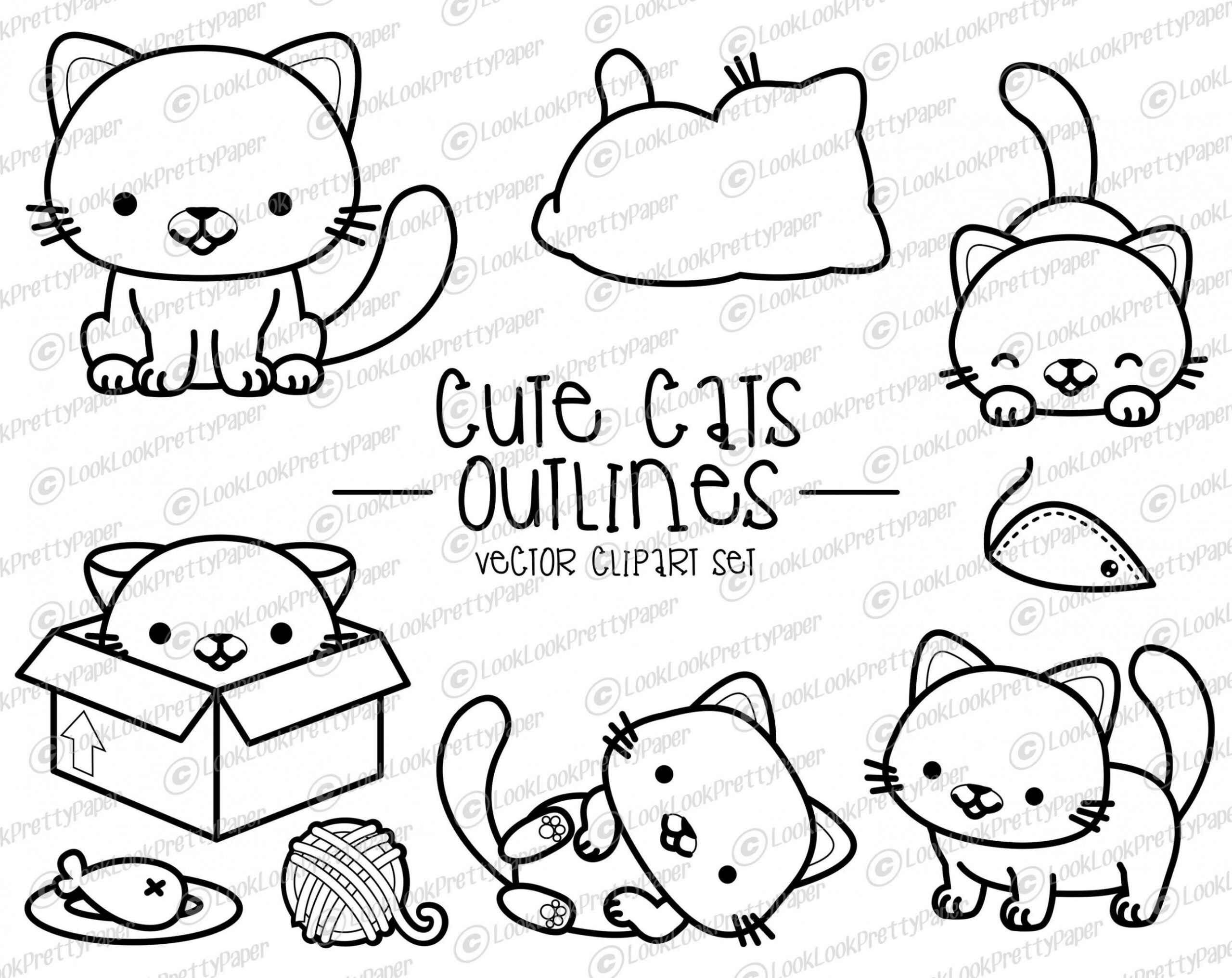 Premium Vector Clipart Kawaii Cat Outlines Cute Cat - Etsy