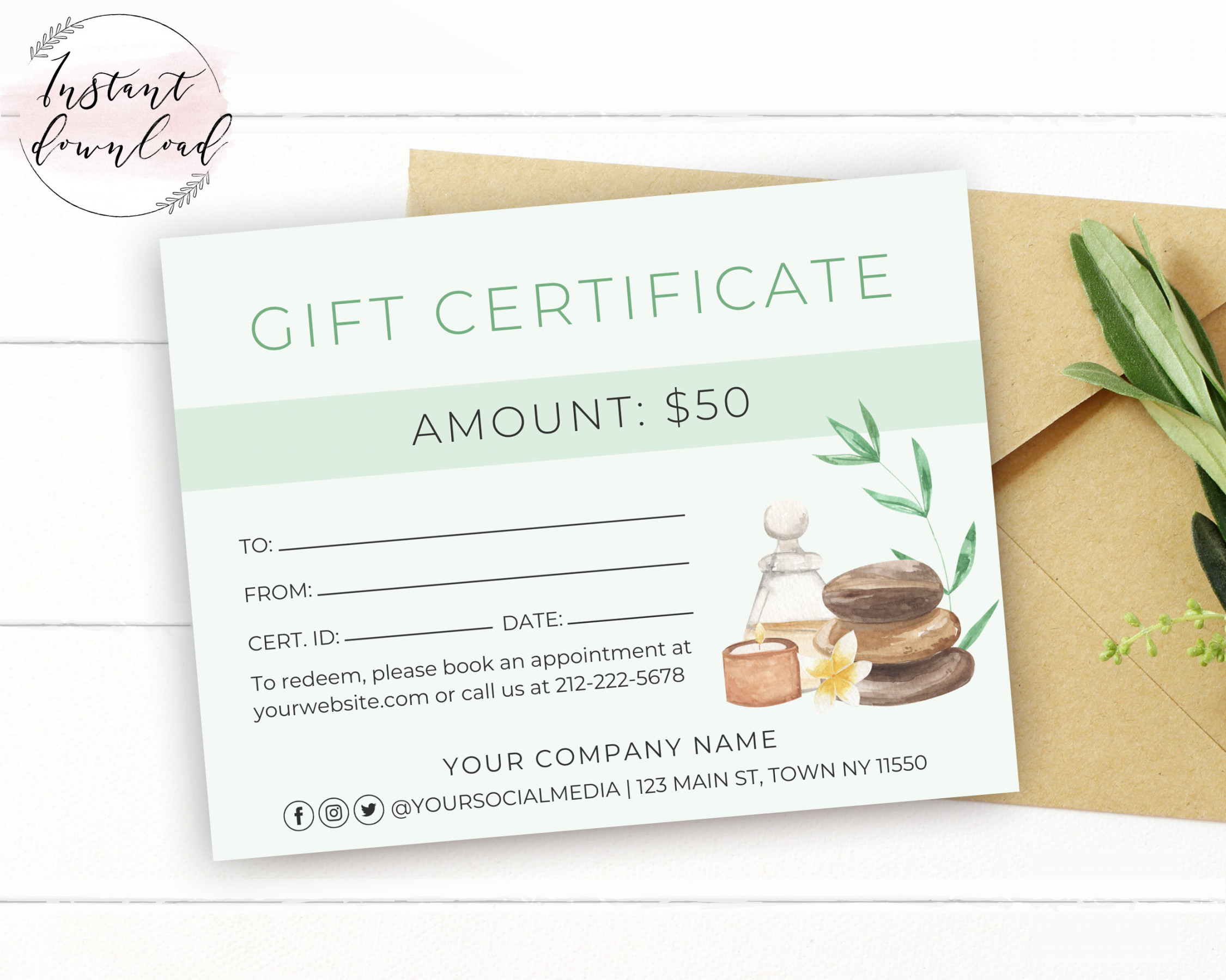 Printable Massage Gift Certificate Template, Editable Spa Gift