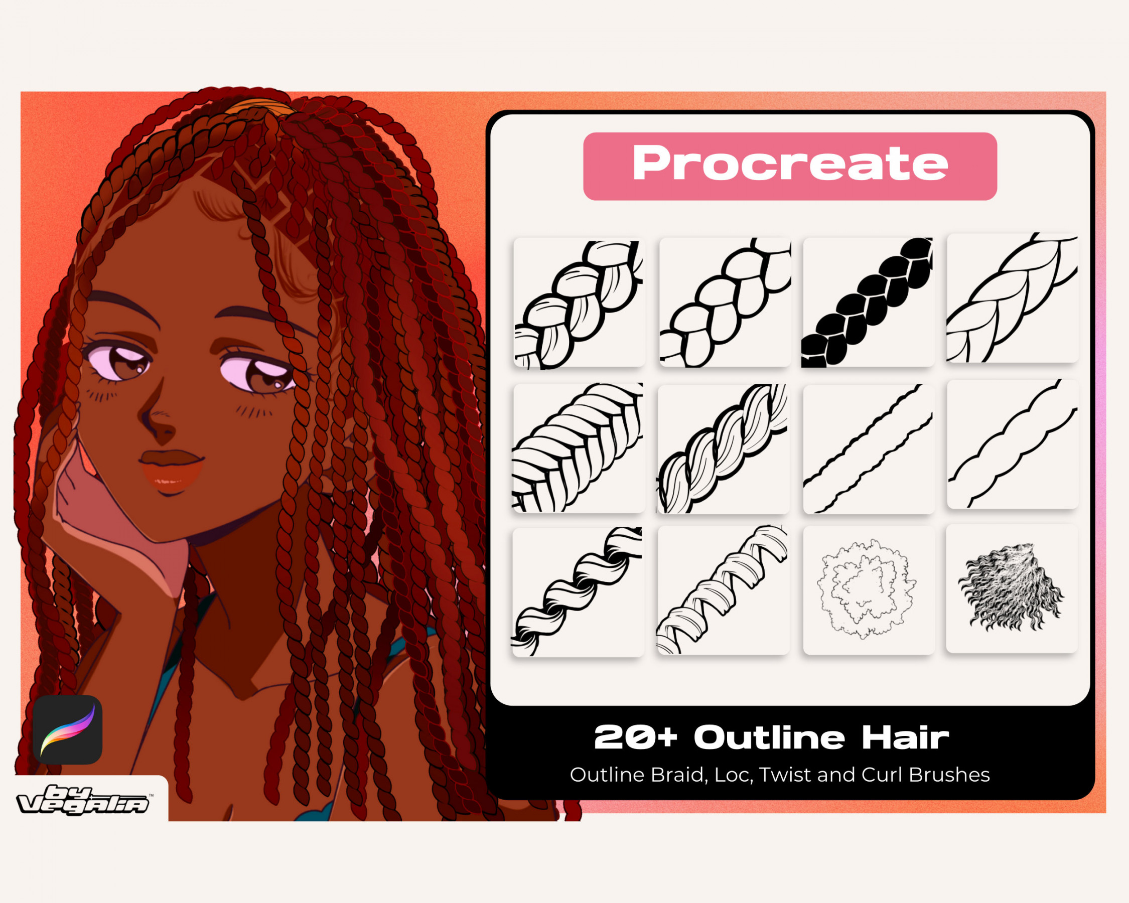 Procreate Outline Curl, Braid, Twist, Loc, und Textur Brushset