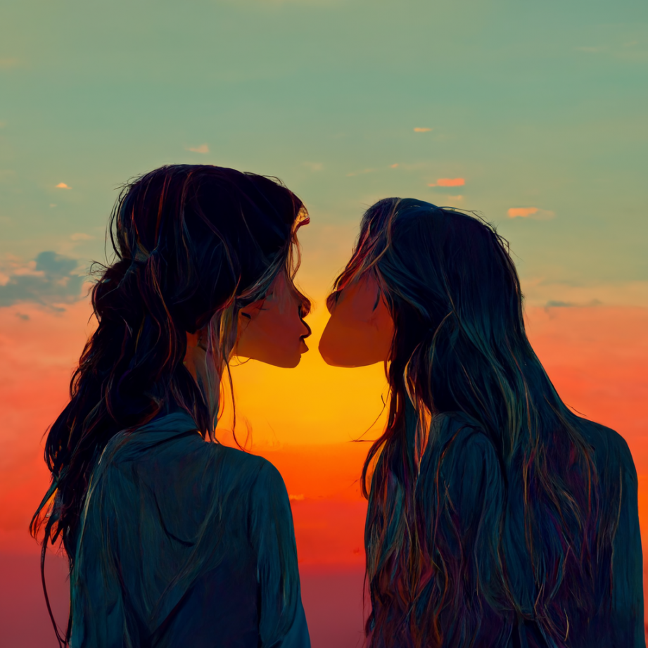 prompthunt: two girl kiss in sunset