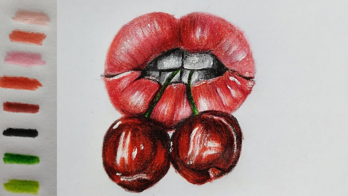 Realistic lips drawing  how to draw cherry lips  how to draw glossy lips   رسم الشفاه