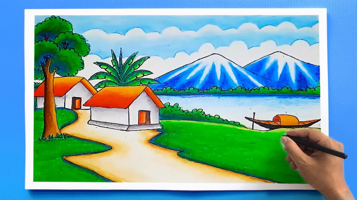 Scenery Drawing with Mountain  Easy Mountain Landscape to draw - Drawing  Class-