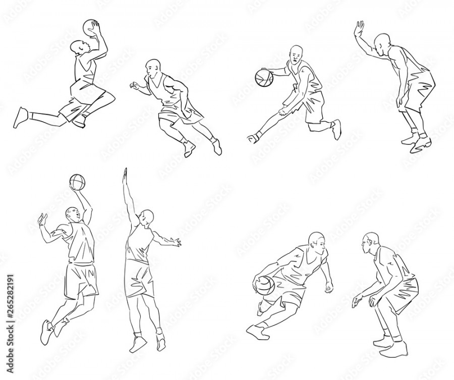Set of basketball players with a ball. Black contour