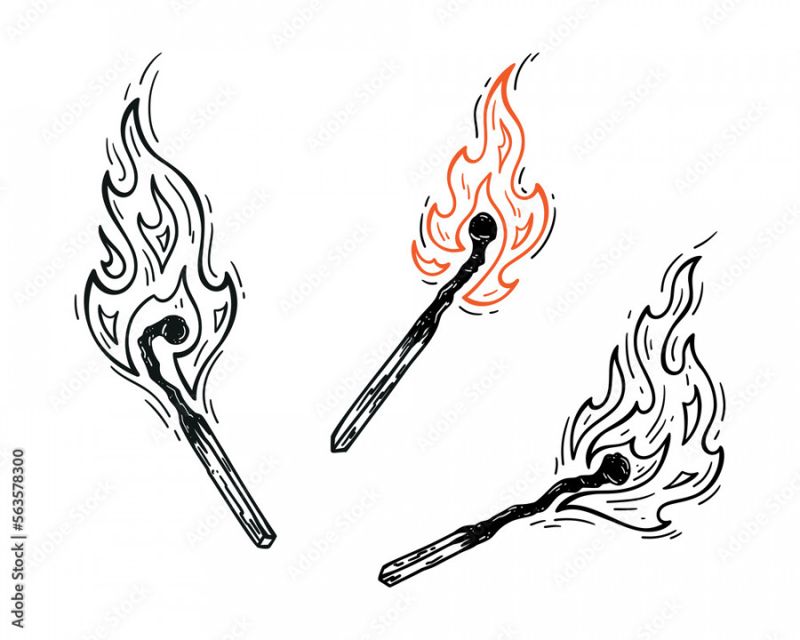 Set of Burning Match Stick. Outline matchstick