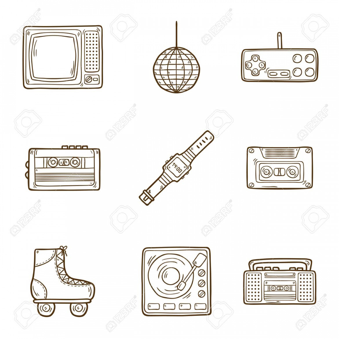 Set Of Cartoon Hand Drawn Icons On Retro s Theme Royalty Free