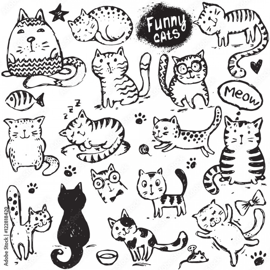 Set of hand draw funny cats in sketch style