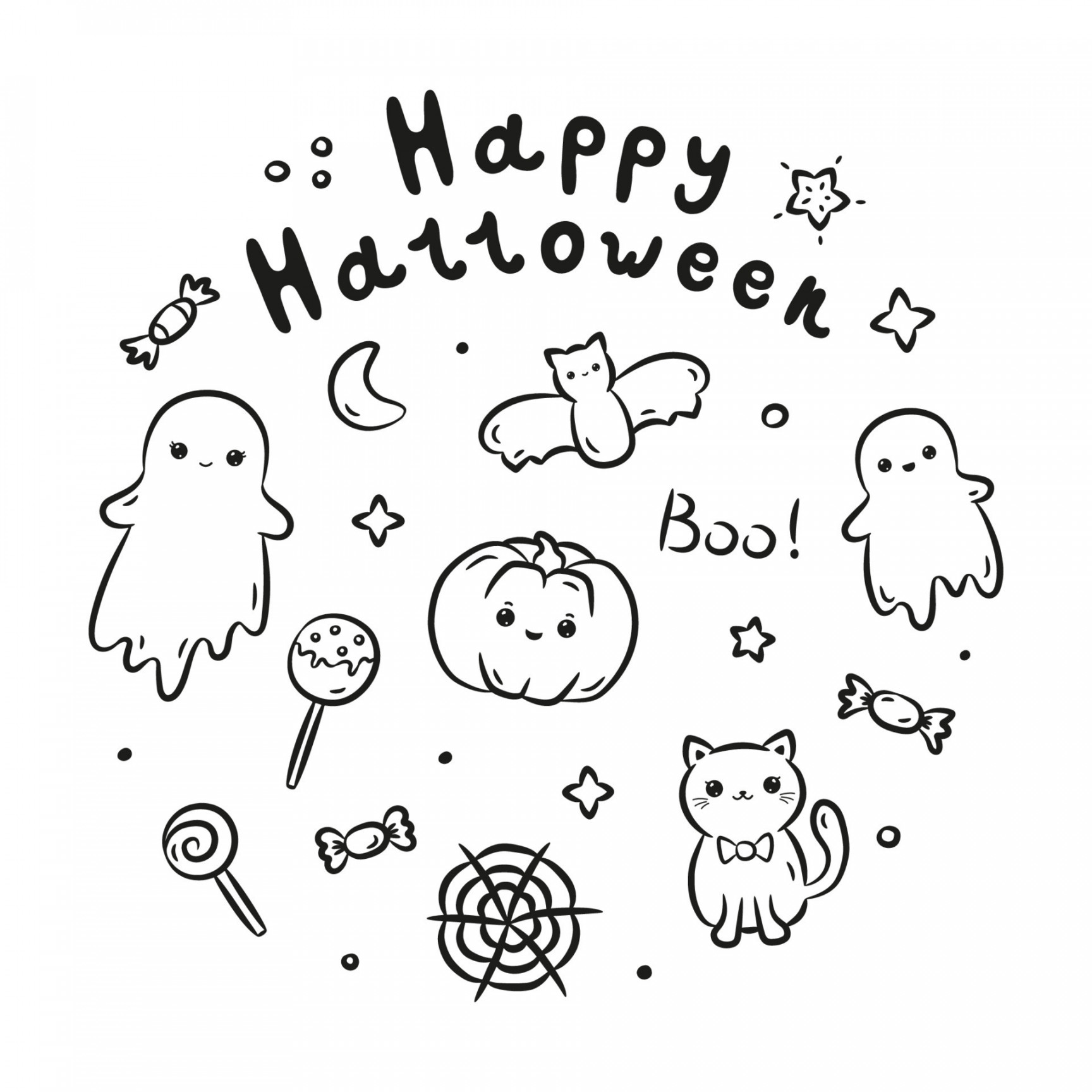 Set of kawaii hand-drawn Halloween doodles and lettering