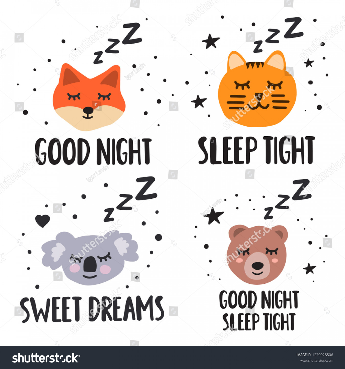 Set Sleeping Cute Animals Good Night Stock Vector (Royalty Free