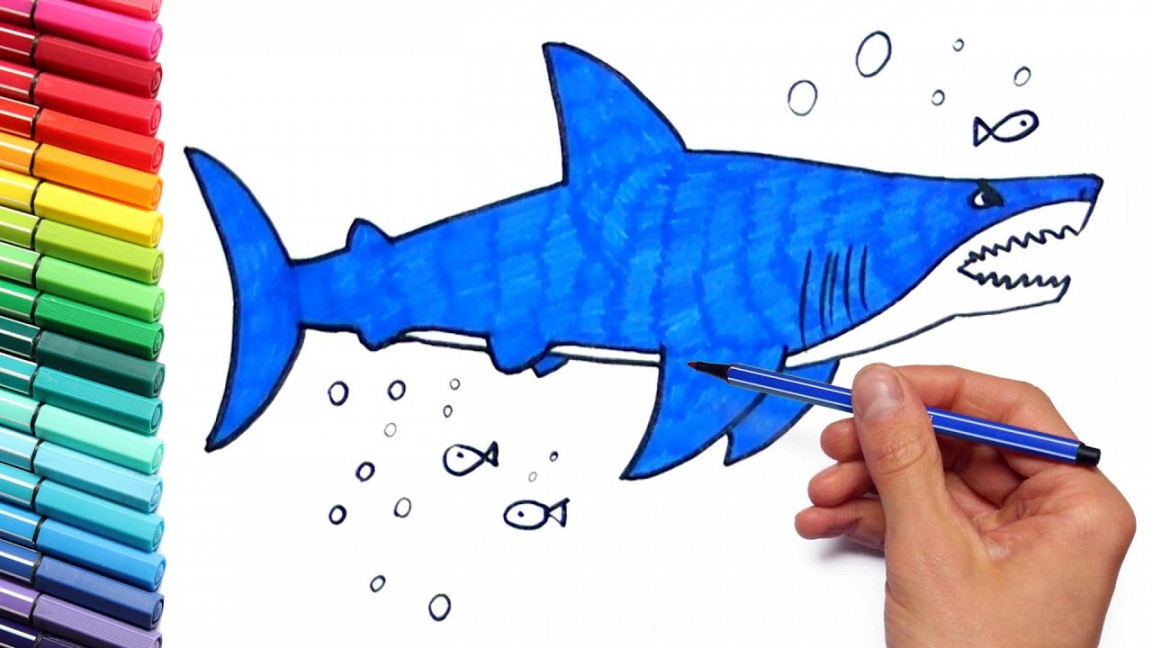 Shark Drawing and Coloring for Kids - Teaching How to Paint with Colored  Markers and Stickers