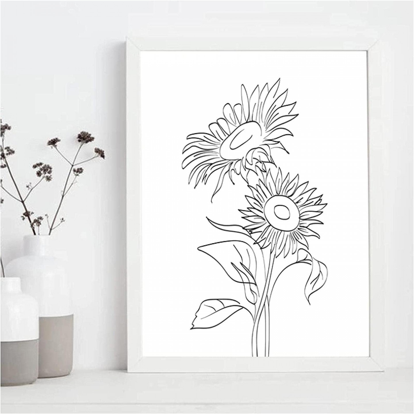 SHKHJBH Art Print on Canvas Sunflower One Line Art Prints Black White  Abstract Plant Drawing Canvas Wall Pictures Living Room Decor  x  cm  without