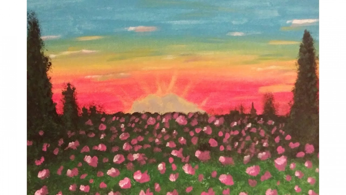 Simple Flower Garden With Sunset Painting  Acrylic Painting