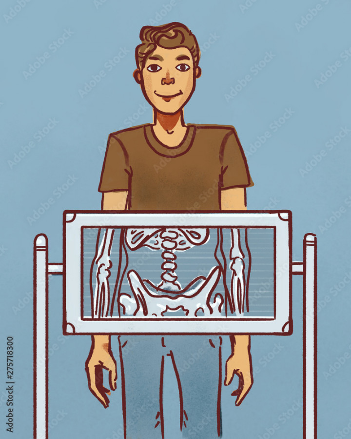 simple graphic cartoon illustration of a man getting an x-ray of