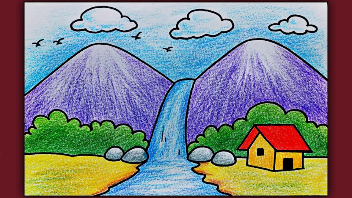 Simple Landscape Scenery Drawing for Beginners  Easy Waterfall Scenery  Drawing with Color