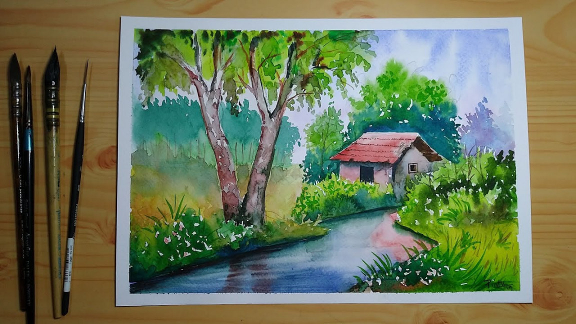 Simple watercolor landscape painting for beginners