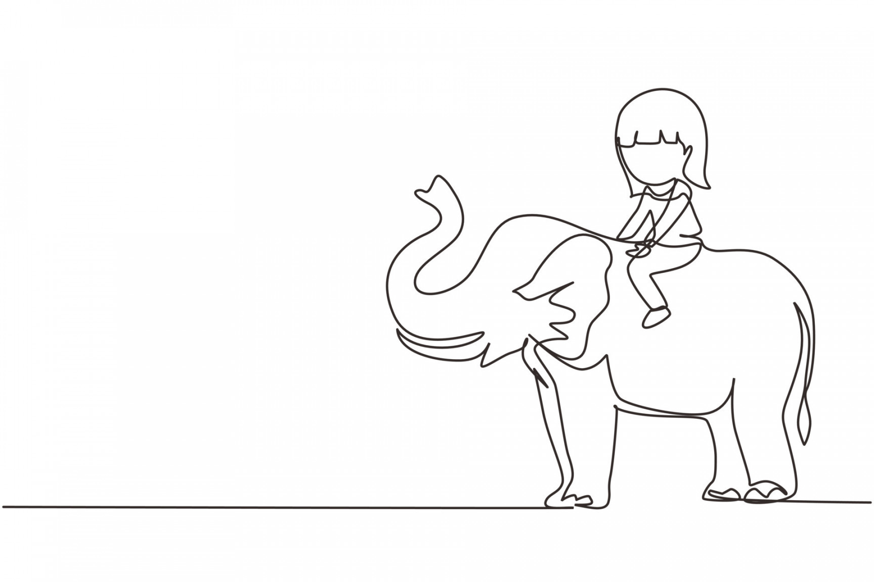 Single one line drawing happy little girl riding elephant