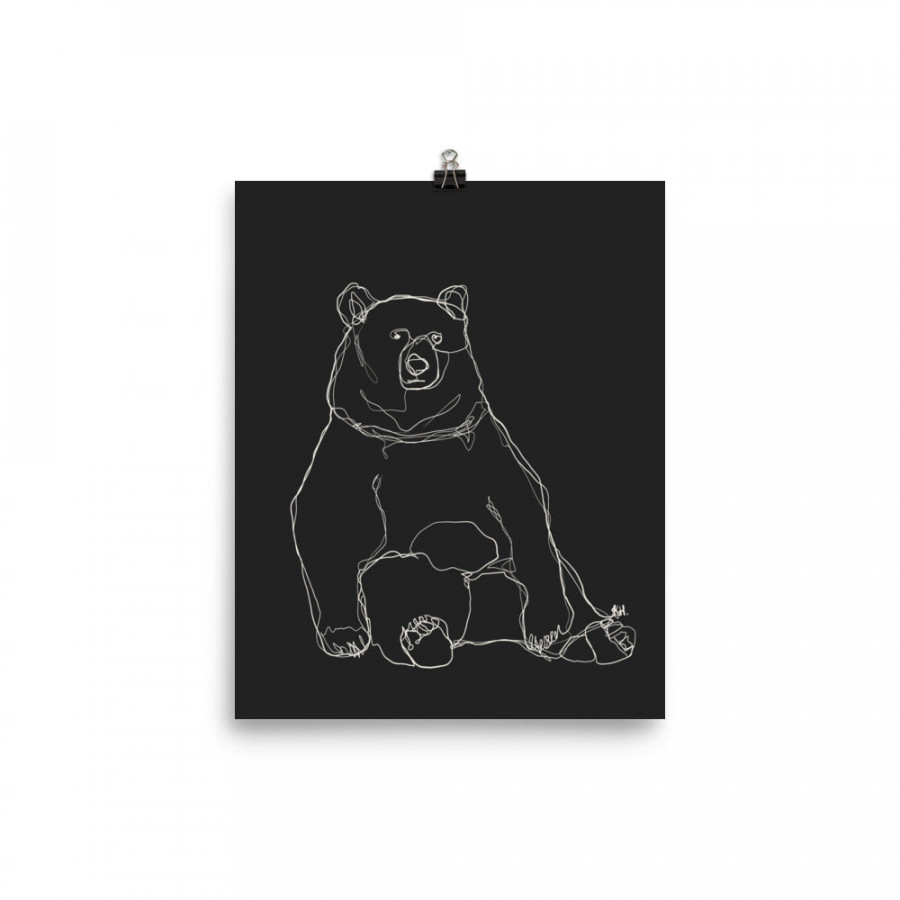 Sitting Bear White Line Drawing with Black Background Print