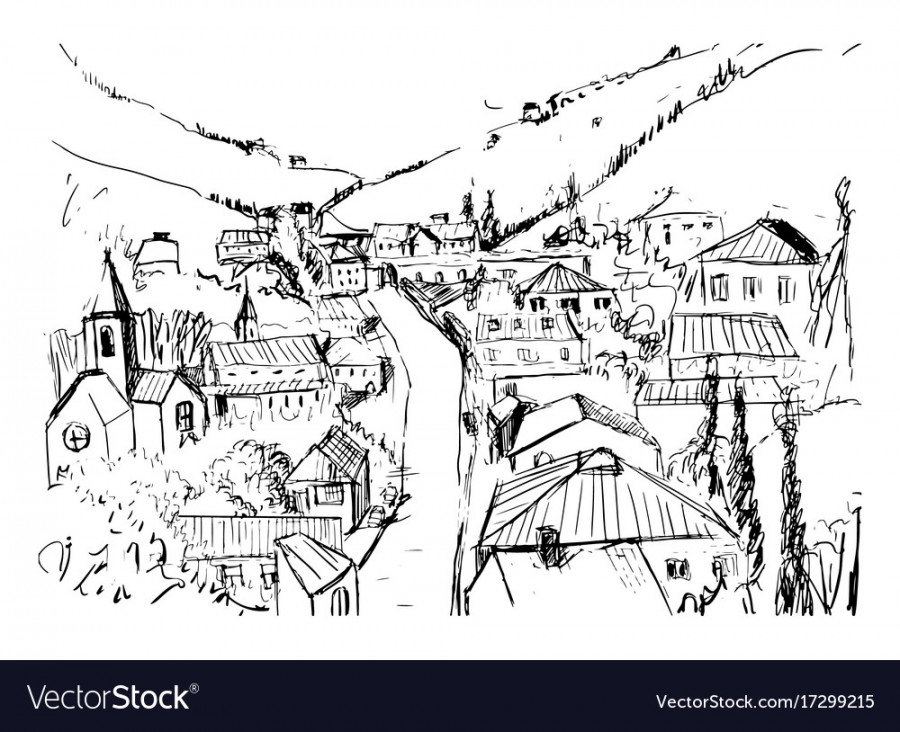 Sketch of mountain landscape with georgian town Vector Image