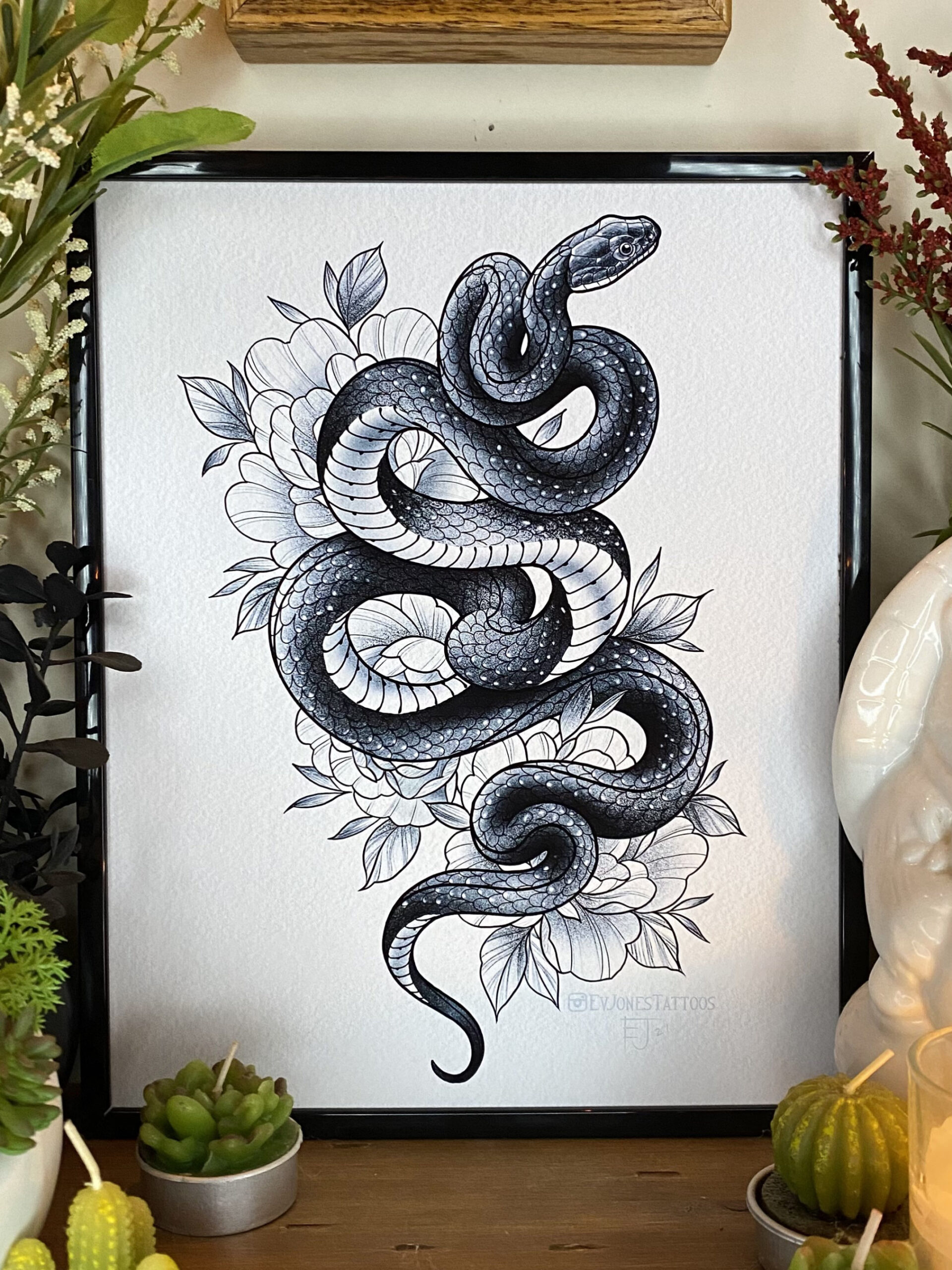 Snake and Peony Neo Traditional Tattoo Art Print  x  inch - Etsy