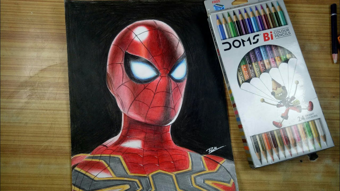 Spider-man coloured pencil drawing for begginers