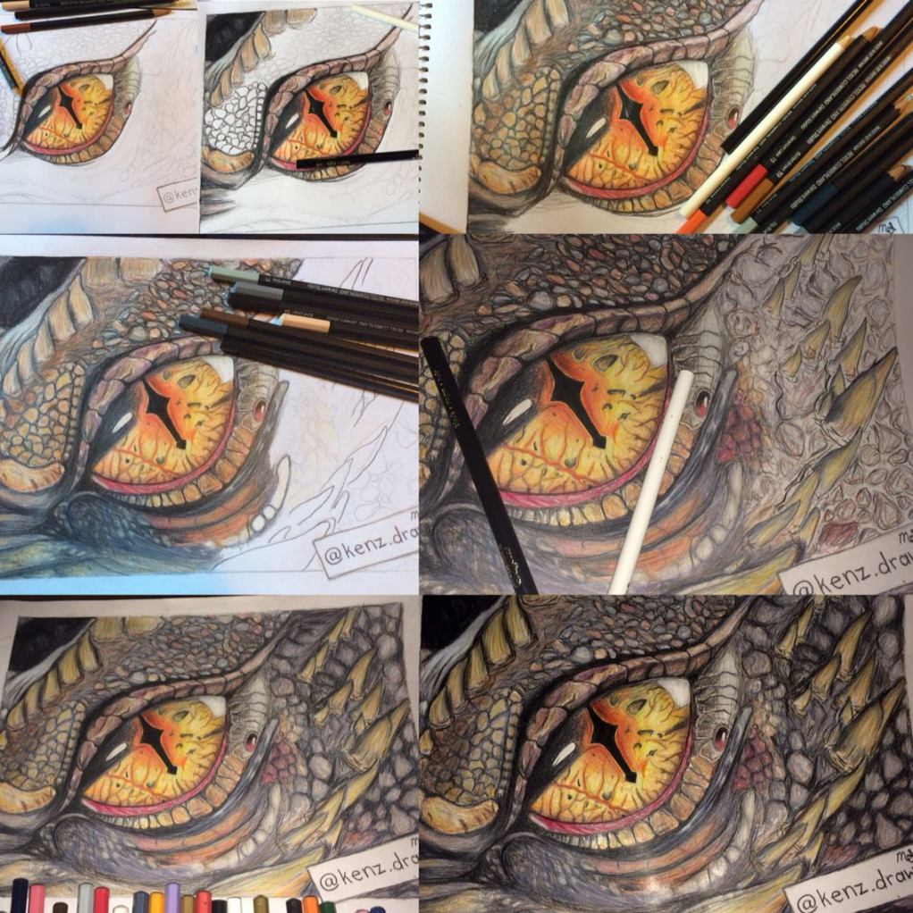 Steps on drawing this realistic dragon eye with coloured pencils