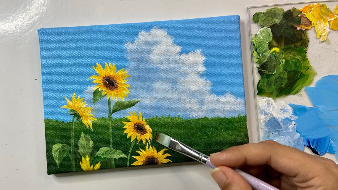 Sunflower painting/studio Ghibli scene/cloud painting technique/acrylic  painting tutorial