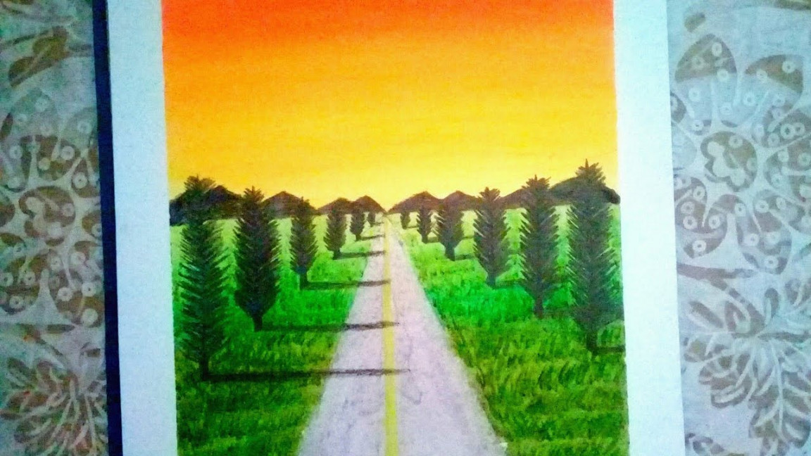 Sunset Scenery Drawing road using One Point perspective Oil Pastels Art  for beginners Step by Step