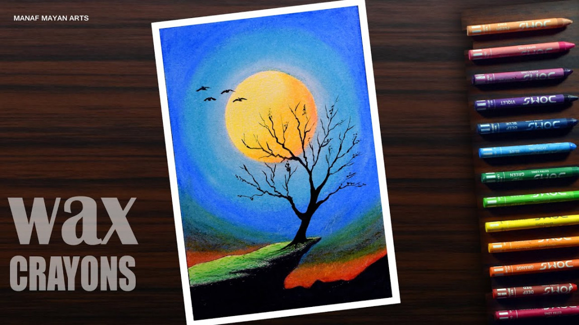 Sunset Scenery drawing with Wax Crayons For Beginners - Step by Step #