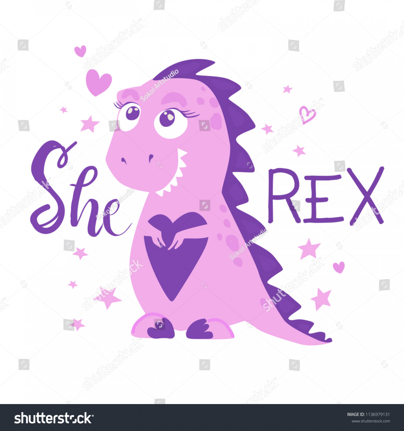 Sweet Dinosaur Hand Drawing Illustration Girl Stock Vector