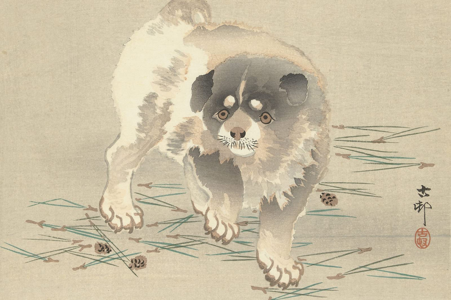 Textured Paper - Ohara Koson - Young Dog () Ukiyo-e Japan Japanese  Poster Painting Art Print - Size:  x  Inches