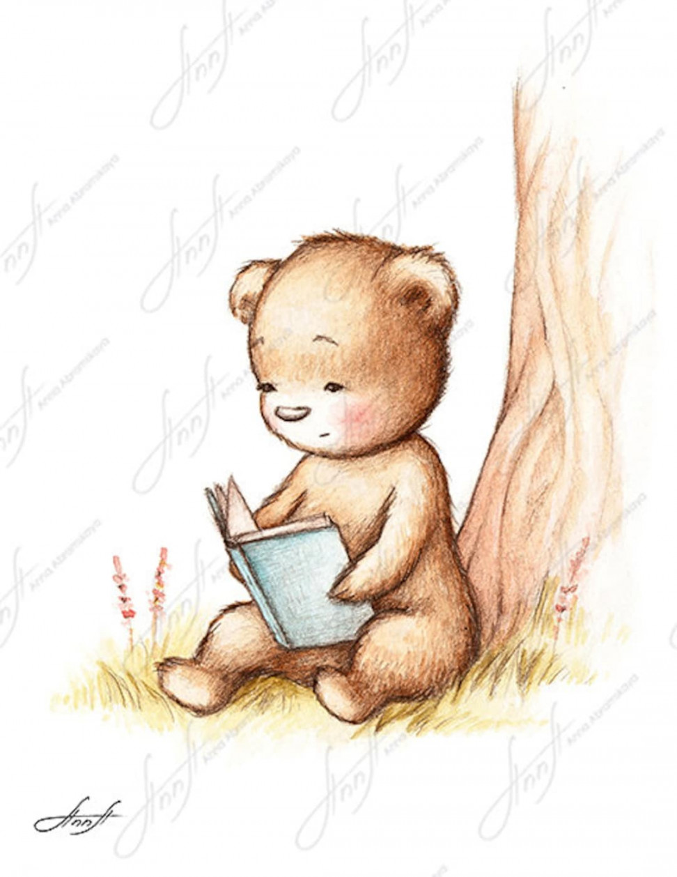 The Drawing of Teddy Bear Reading a Book Under the (Download Now