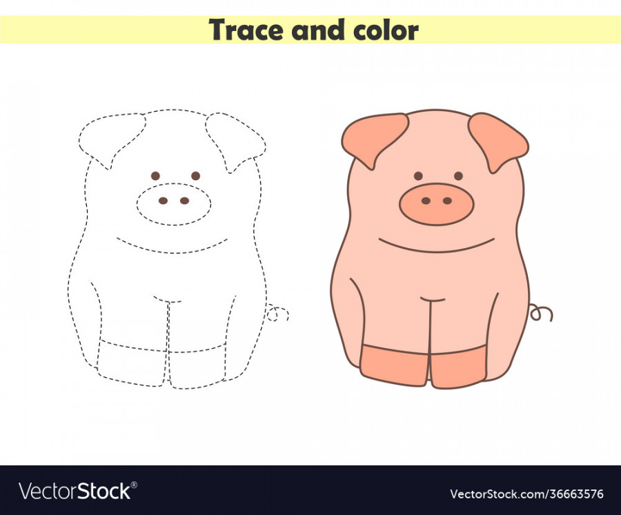 Trace and color cute pig learning to draw Vector Image