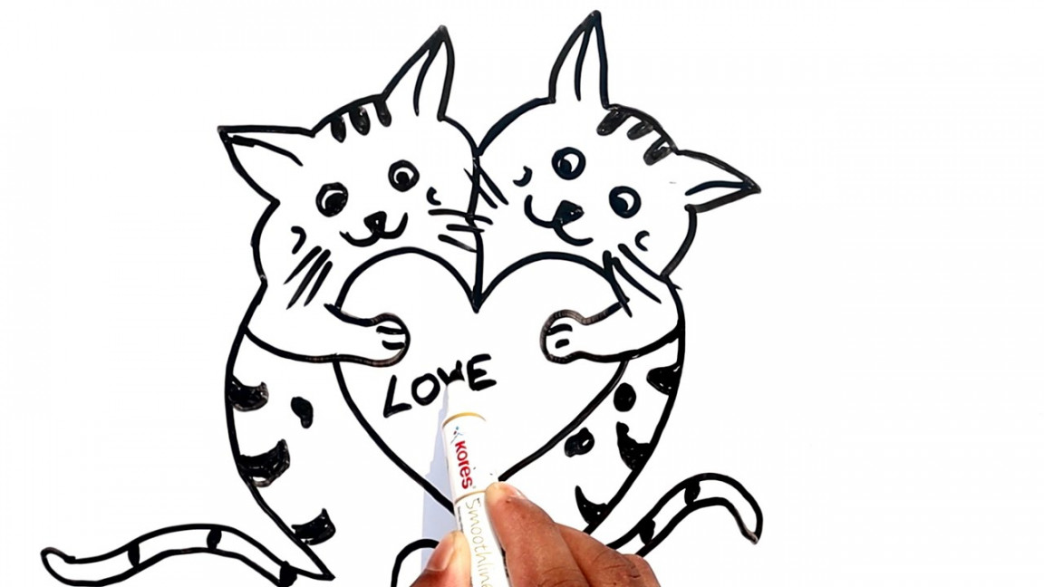 Two Cats in Love Drawing Using Heart  How to Draw Two Cats in Love With  Heart  Cat Drawing Easy