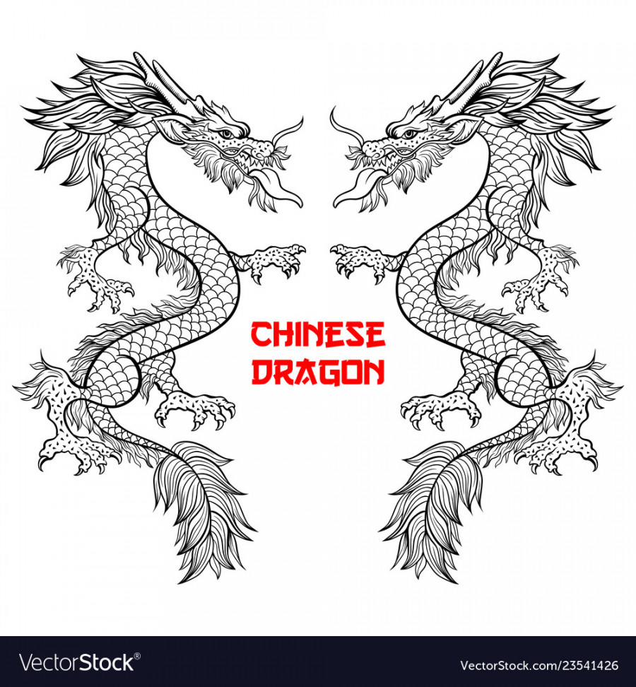 Two chinese dragons hand drawn contour Royalty Free Vector