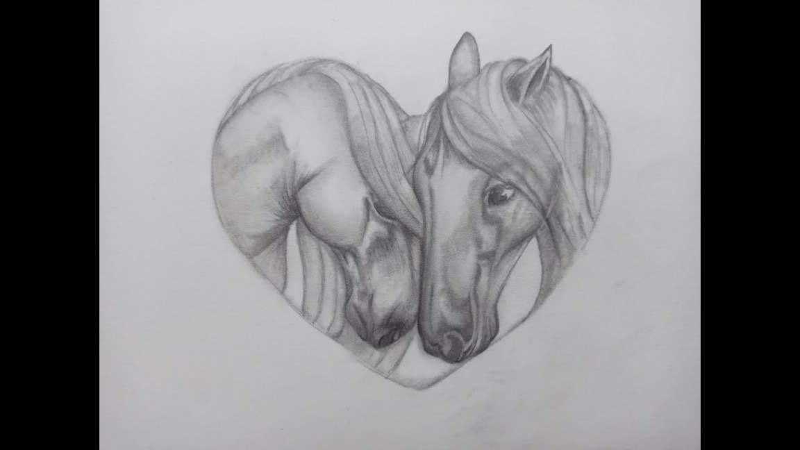 Two Horse in A Heart drawing - how to draw two Horses