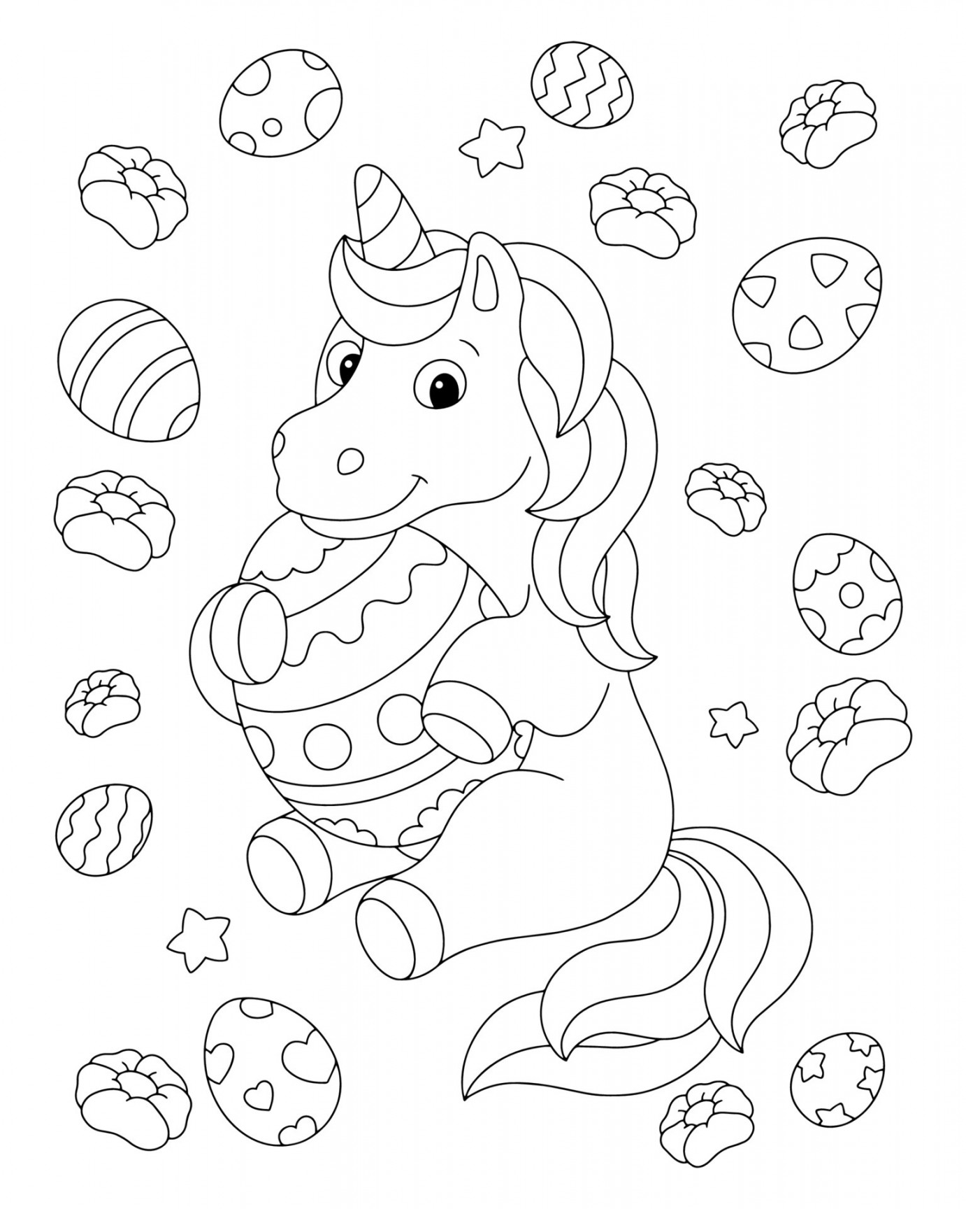 Unicorn and Easter. Coloring book page for kids