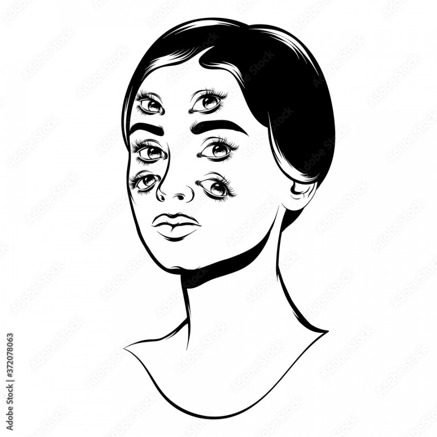 Vector hand drawn illustration of girl with six eyes