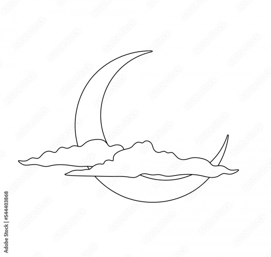 Vector isolated crescent moon behind the clouds colorless black