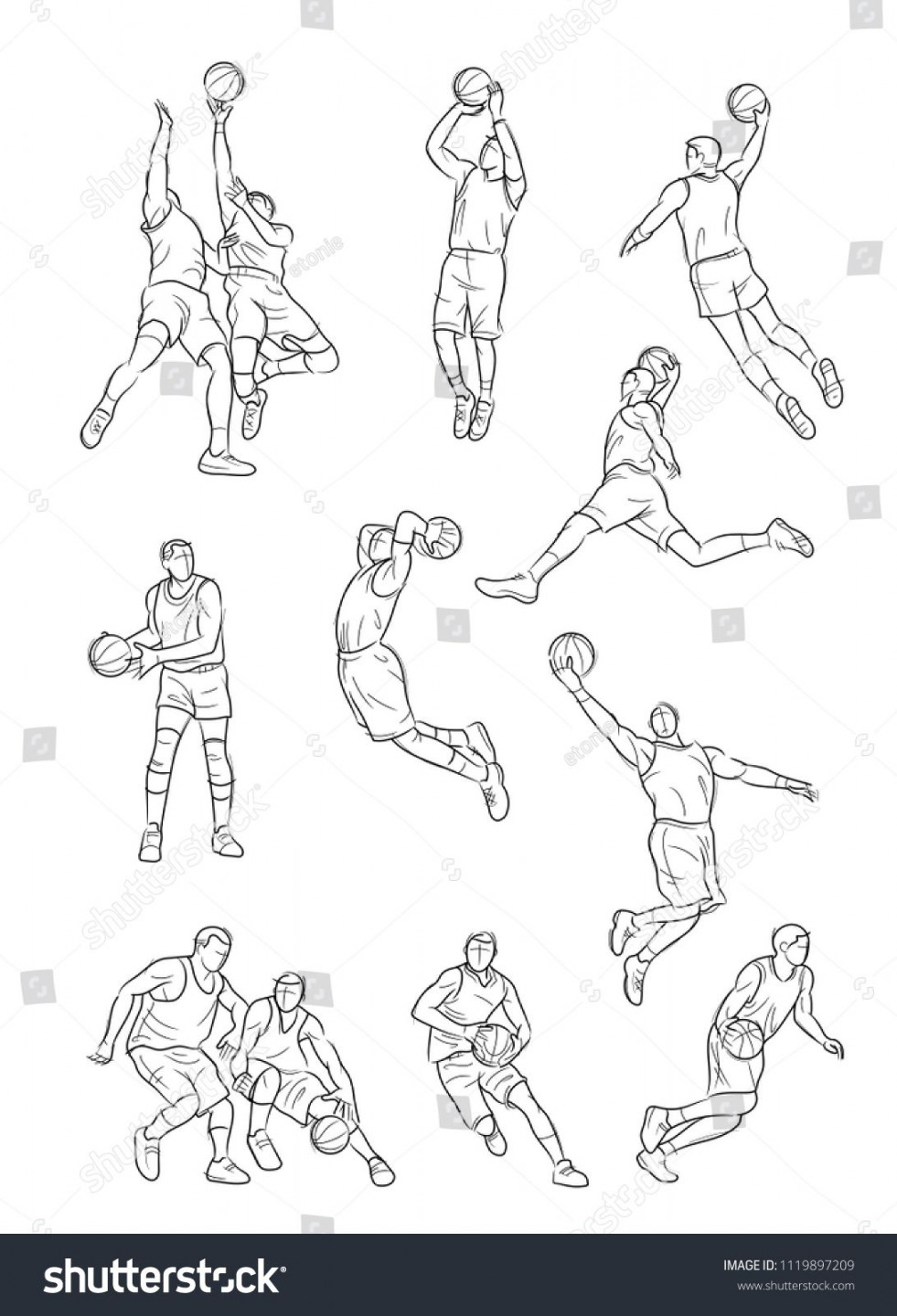 Vector set of Basketball players, sketch and drawing #Ad